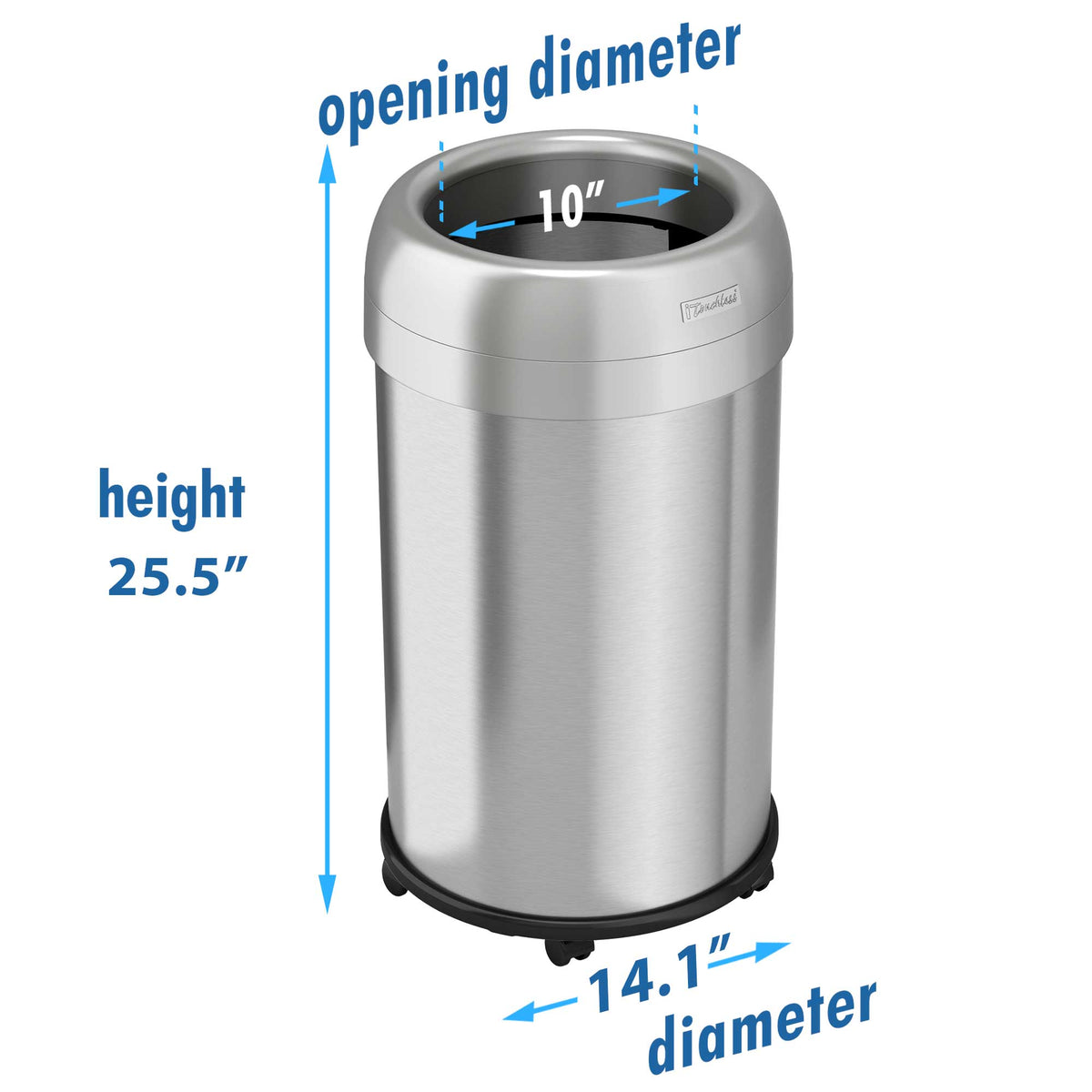 13 Gallon Round Open Top Trash Can with Wheels dimensions