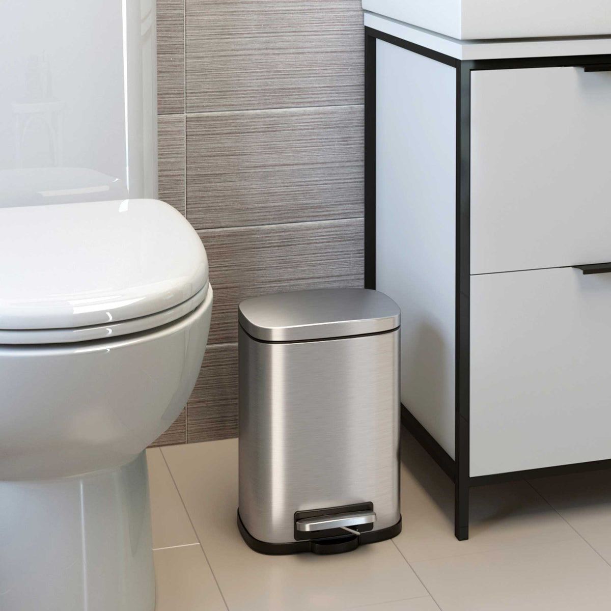 Innovaze 1.3 Gal./5 L Rectangular Matt Black Step-On Trash Can for Bathroom and Office