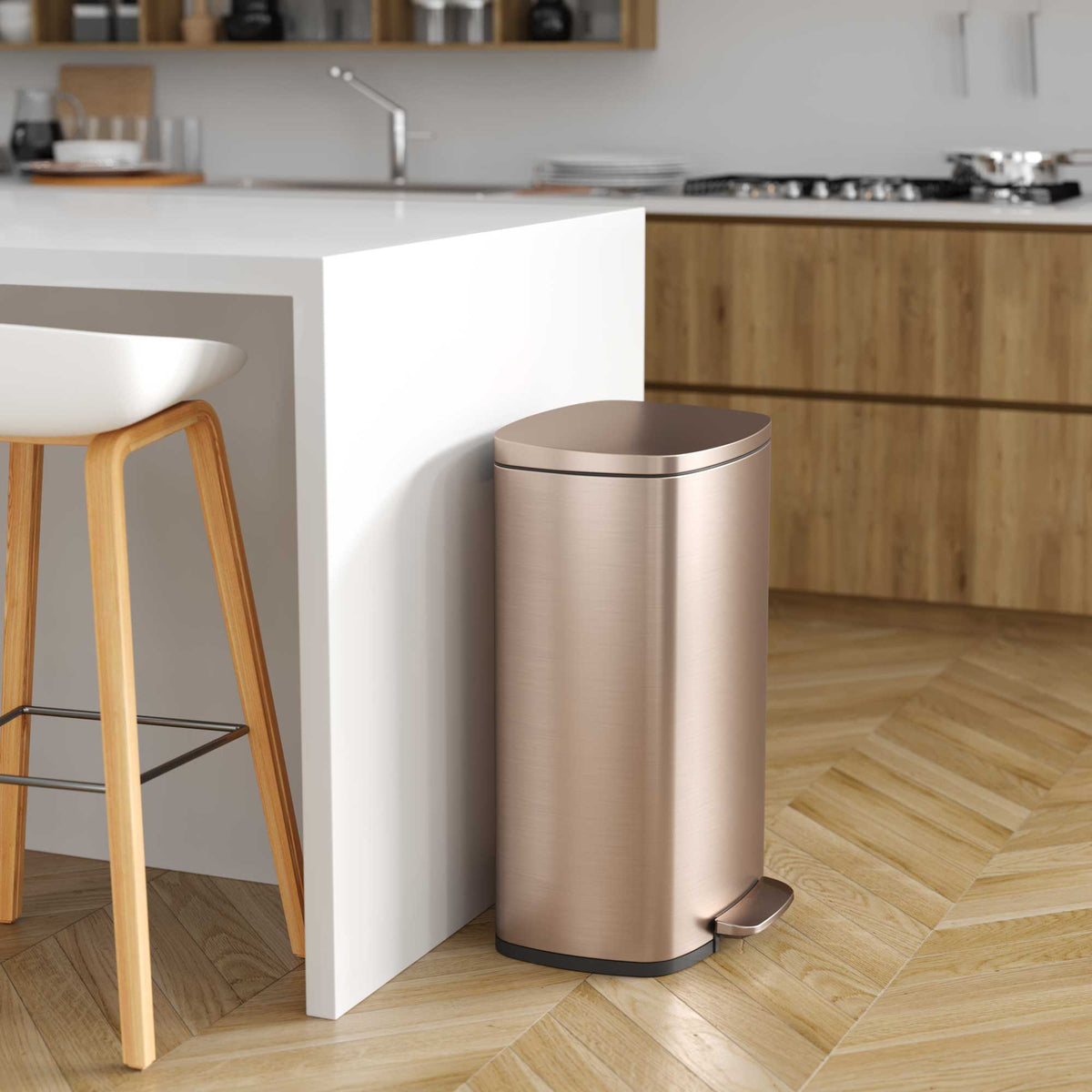13.2 Gallon / 50 Liter SoftStep Rose Gold Step Pedal Trash Can in kitchen