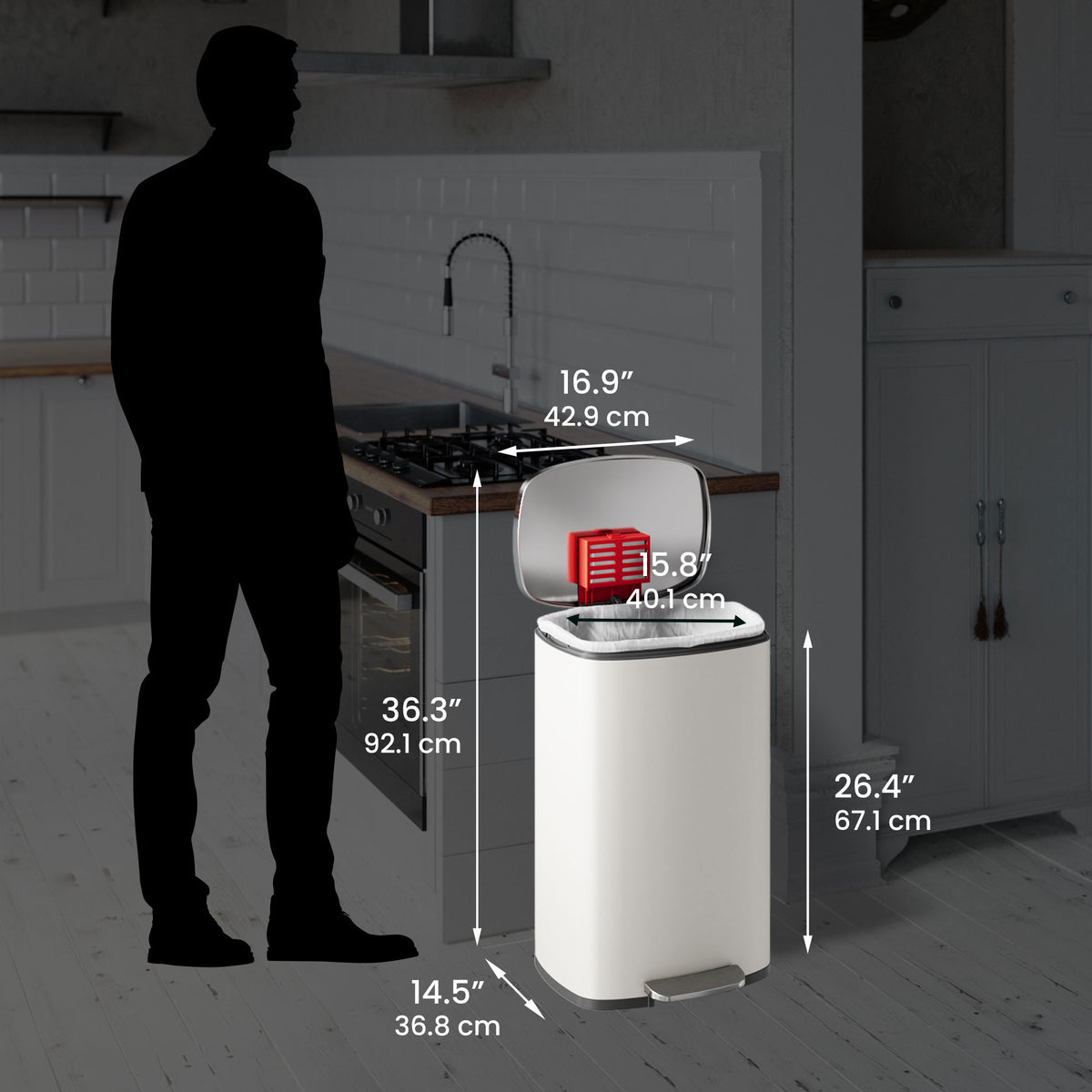Ivory white stainless steel step trash can with dimensions overlay showing height, width, and depth in kitchen setting.