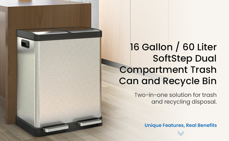 iTouchless 16 Gallon Kitchen Dual Step Trash Can & Recycle Bin, Stainless  Steel, includes 2 x 8 Gallon (30L) Removable Inner Buckets, Soft Close Lid