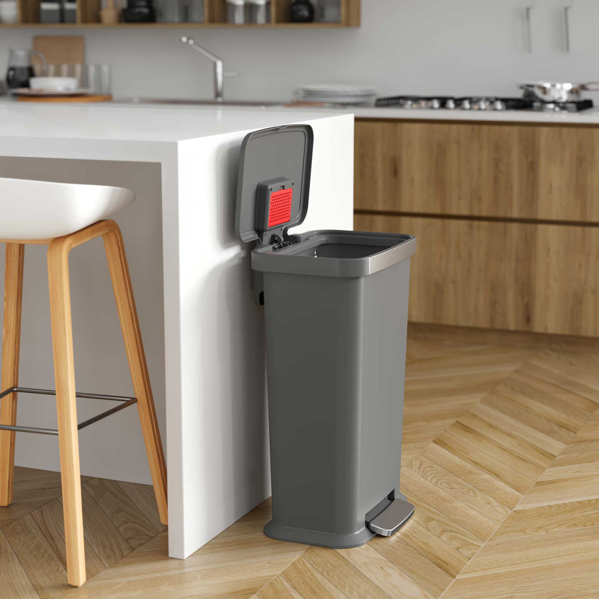 13.2 Gallon / 50 Liter SoftStep Prime Step Pedal Trash Can (Gray Plastic) in kitchen