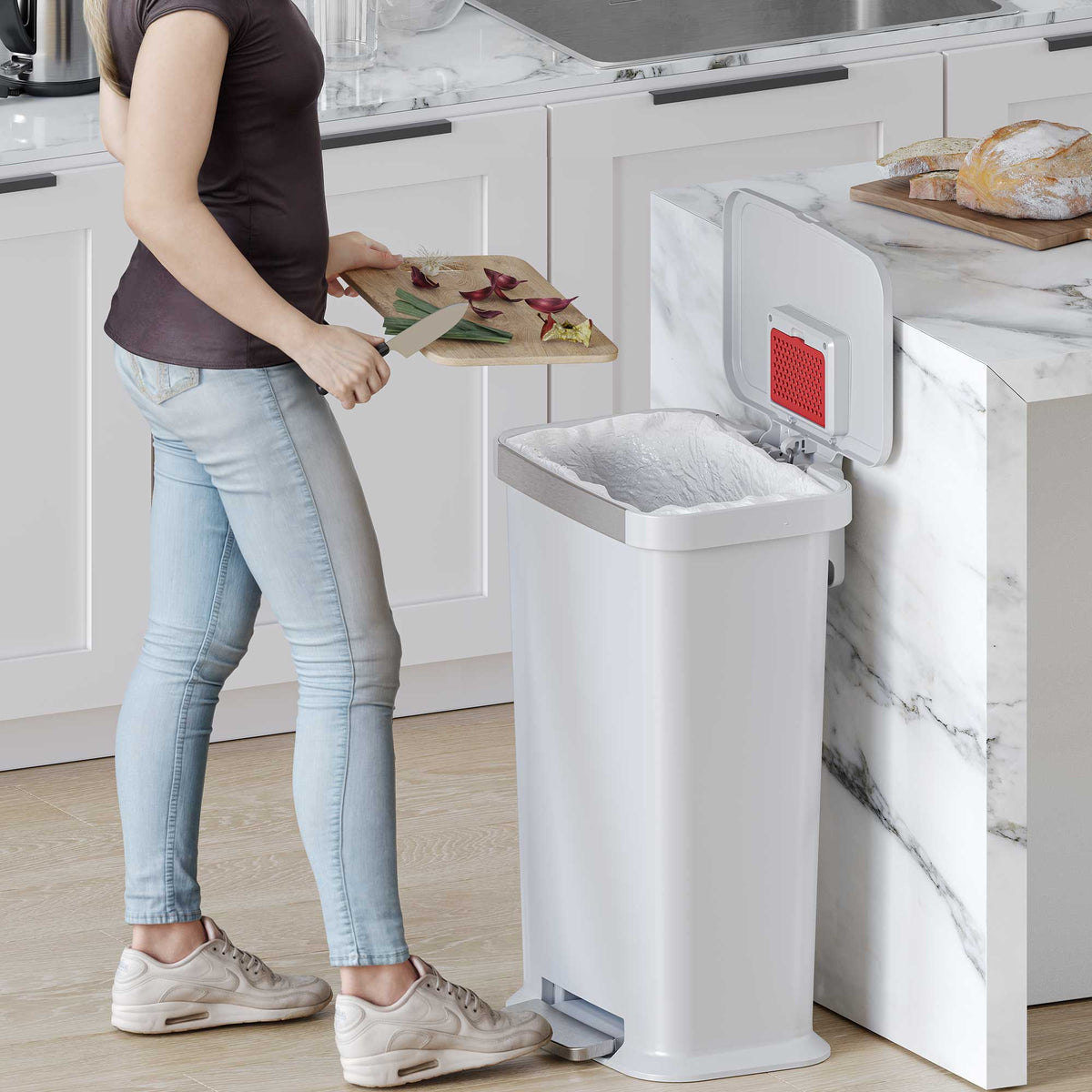 13.2 Gallon / 50 Liter SoftStep Prime Step Pedal Trash Can (White Plastic) in use in kitchen