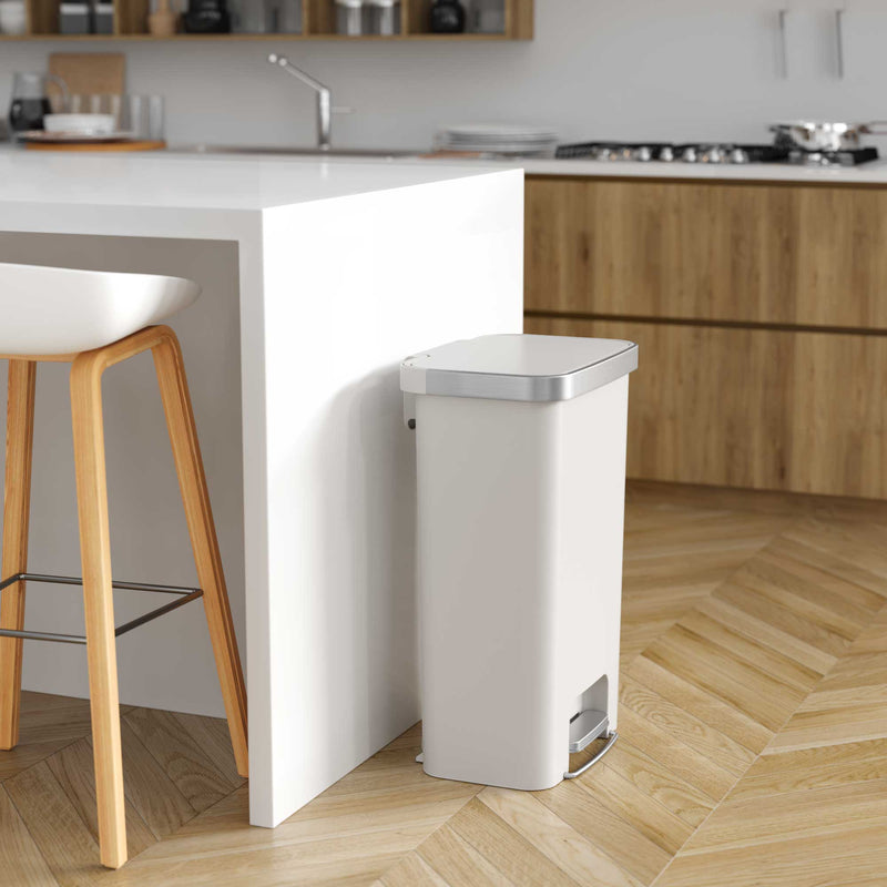 13.2 Gallon / 50 Liter SoftStep Prime Step Pedal Trash Can (White) in kitchen