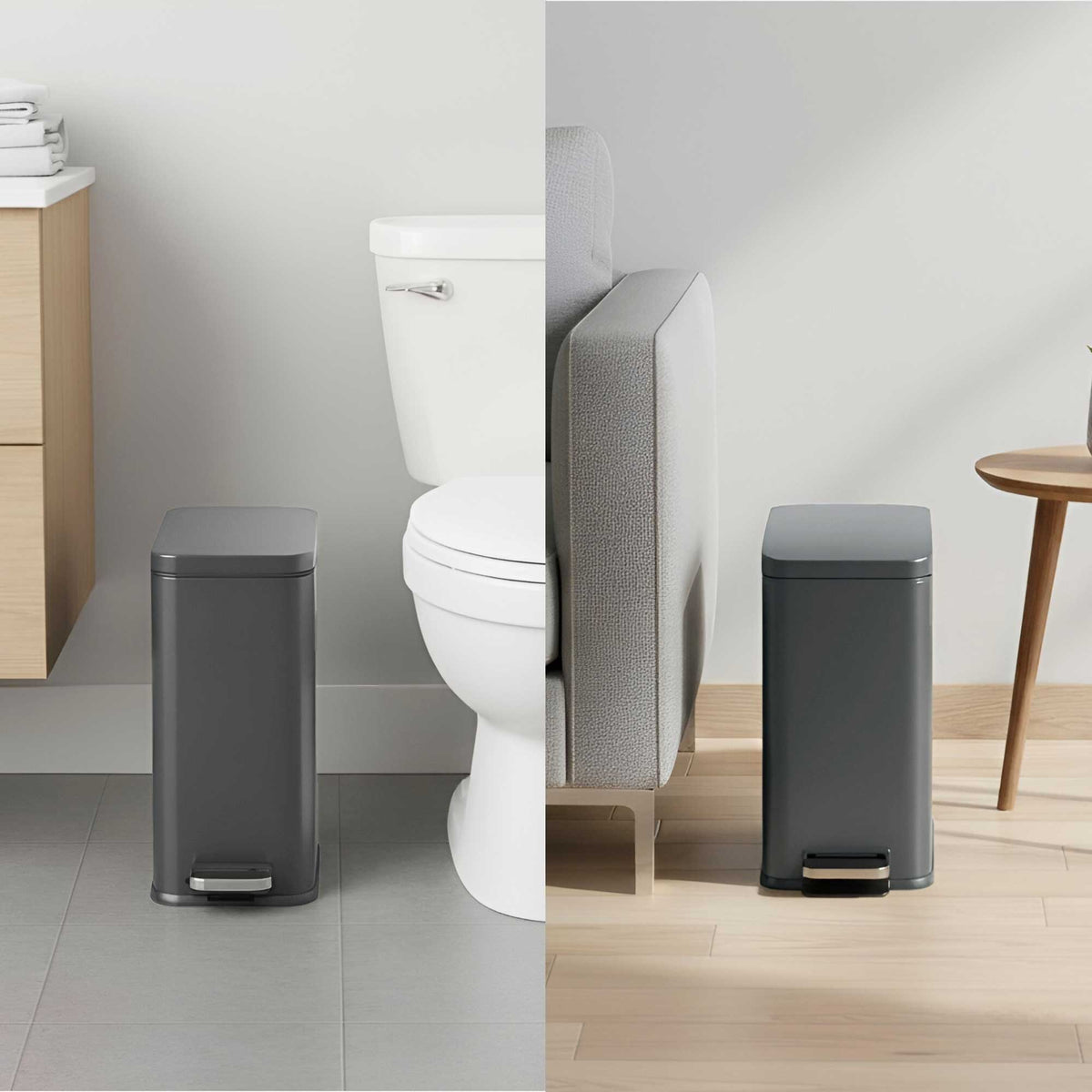 iTouchless gray step trash can in a bathroom setting with a toilet in the background and living room between couch and wall.