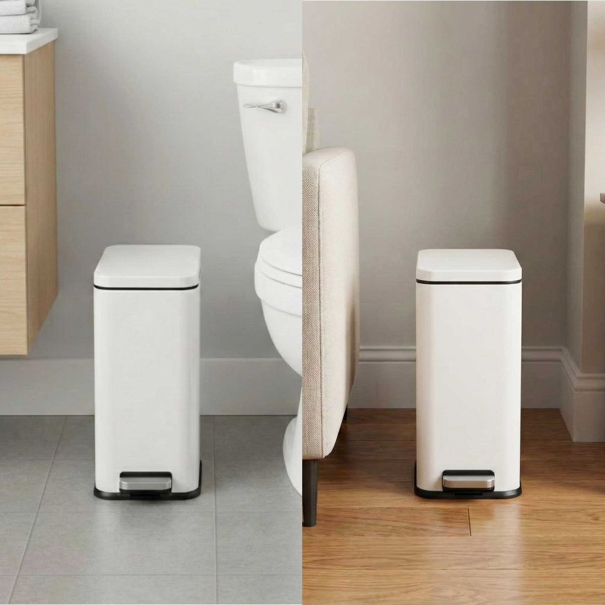 iTouchless white step trash can in a bathroom setting with a toilet in the background and living room between couch and wall.