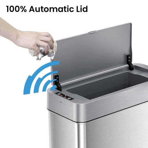 4 Gallon Stainless Steel Slim Sensor Trash Can (Left Side Lid Open) 100% Automatic Lid