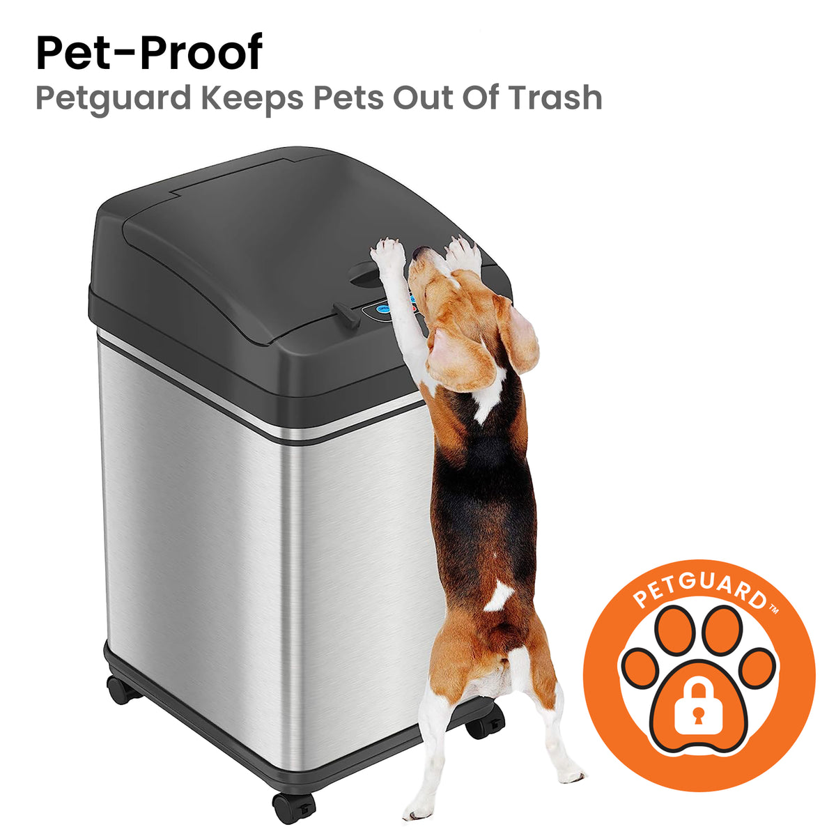 iTouchless DZT08PLM 8 Gallon Sensor Kitchen Trash Can with Wheels pet-proof lid keeps pets out of trash