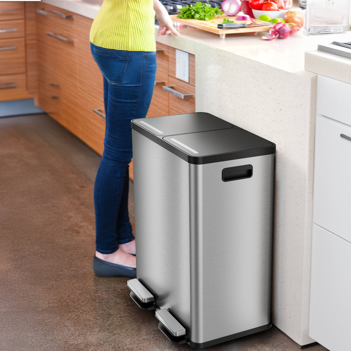 16 Gallon / 60 Liter SoftStep Dual Compartment Trash Can and Recycle Bin in kitchen