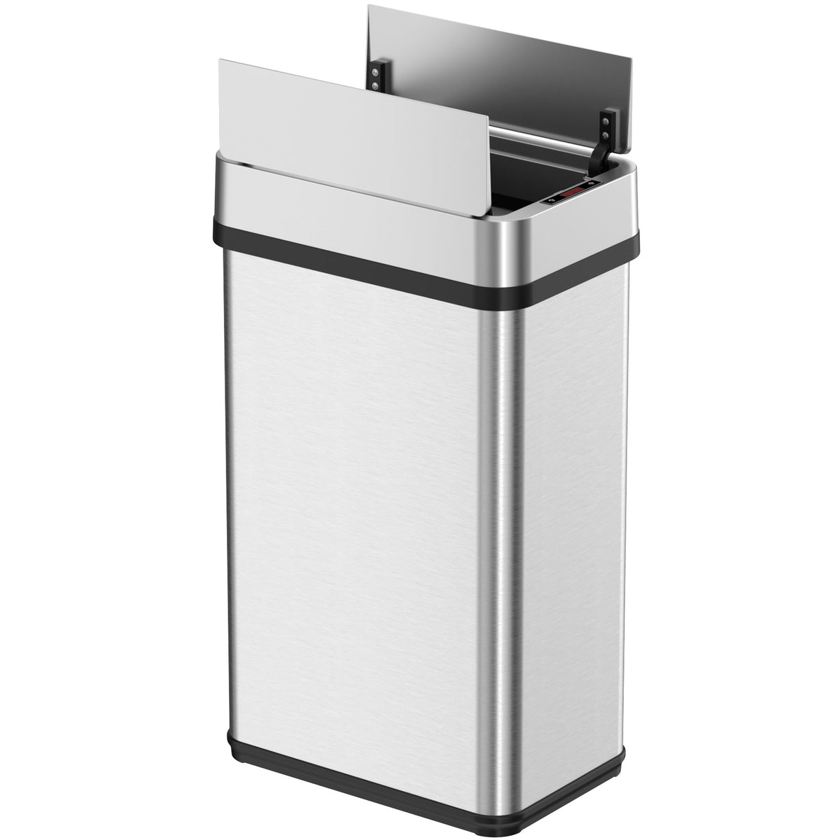 iTouchless 4-gallon stainless steel sensor trash can with wings open lid design.