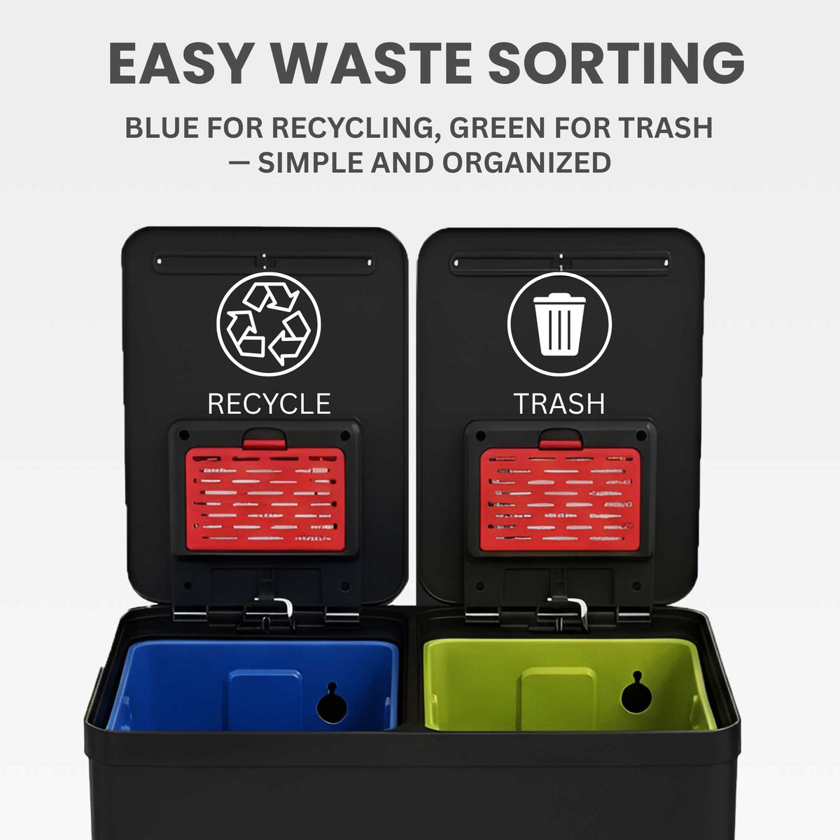 Top-down view of the iTouchless PC60RSPBK dual-compartment can with the lids open, showing the easy waste sorting system: blue inner bucket for recycling and green inner bucket for trash.