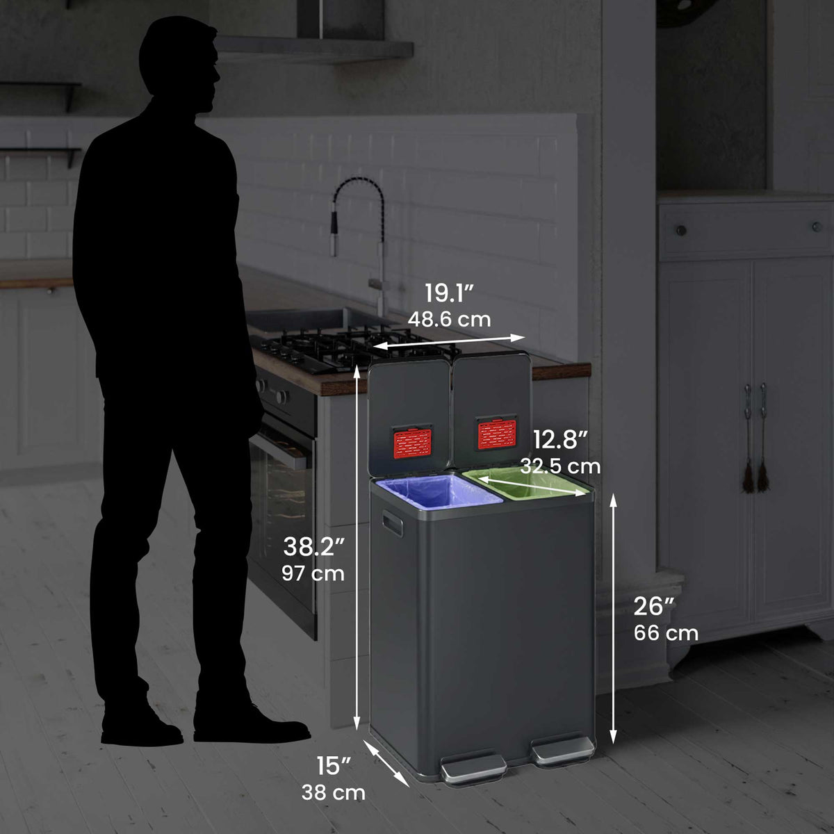Size perspective image of the iTouchless PC60RSPGY trash can next to a silhouette of a person, displaying its full dimensions in inches and centimeters (38.2" height with lid open).