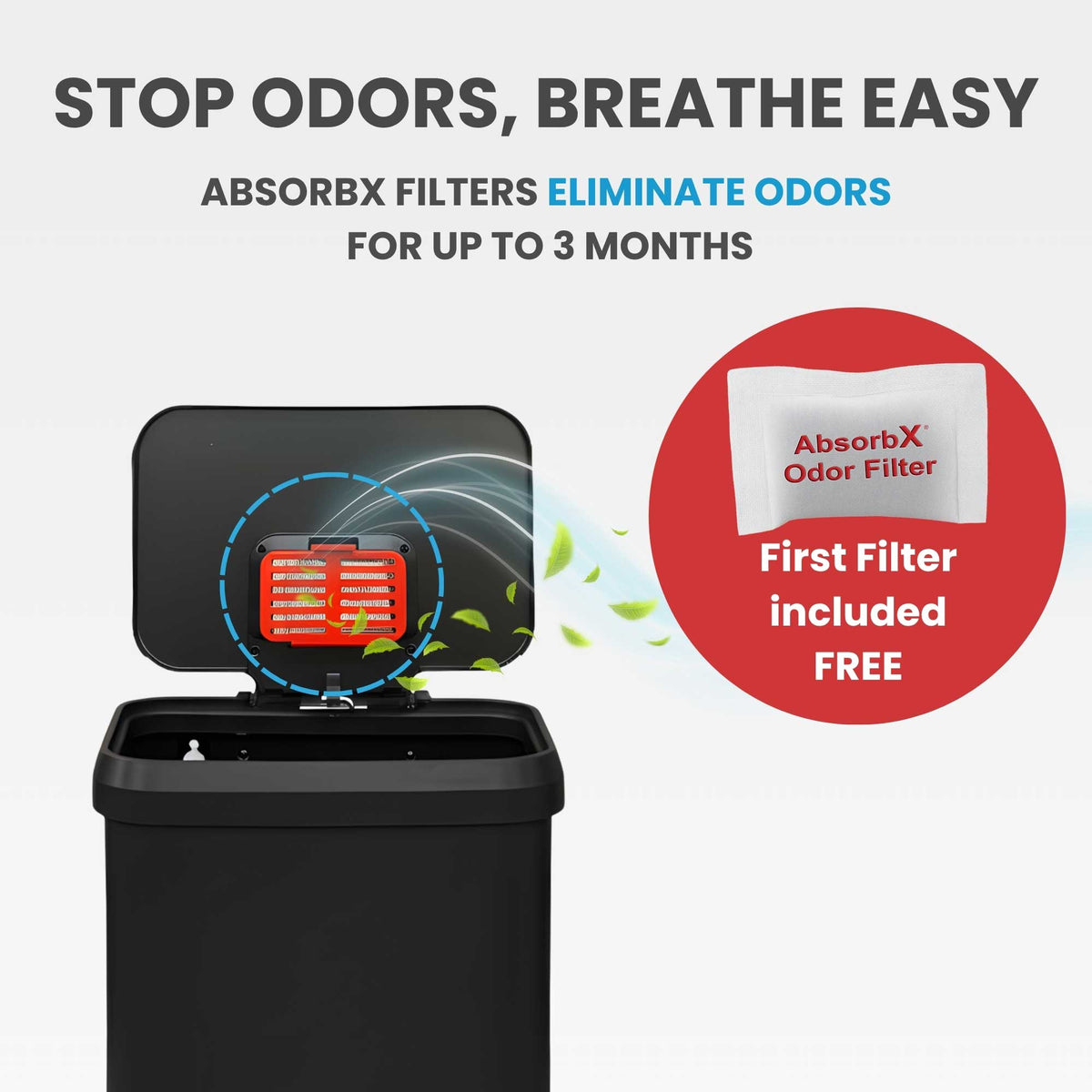Image illustrating the odor elimination feature of the iTouchless trash can, showing the AbsorbX odor filter in the lids that control smells for up to 3 months.