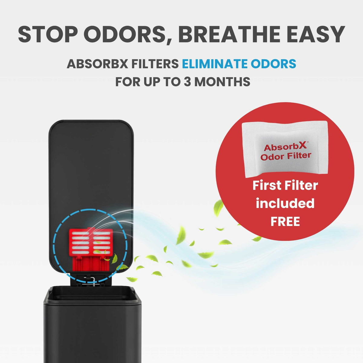 Image illustrating the odor elimination feature of the iTouchless trash can, showing the AbsorbX odor filter in the lids that control smells for up to 3 months.