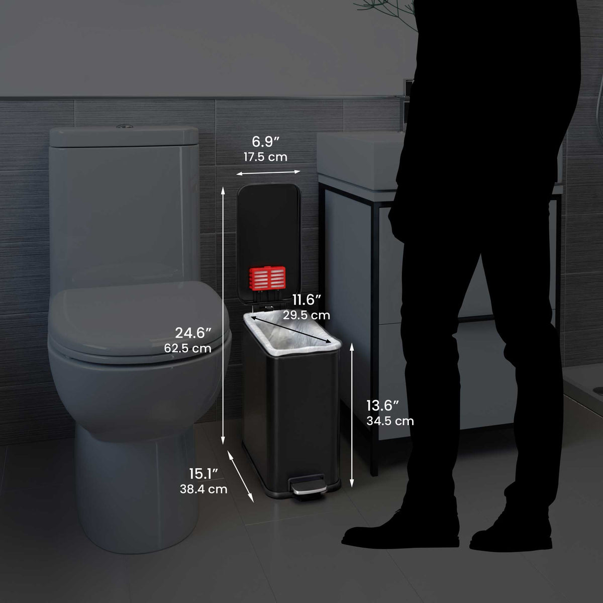 Size perspective image of the iTouchless PS03RBK trash can next to a silhouette of a person, displaying its full dimensions in inches and centimeters (13.6" height with lid open).