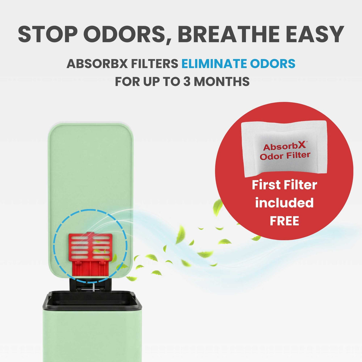 Image illustrating the odor elimination feature of the iTouchless trash can, showing the AbsorbX odor filter in the lids that control smells for up to 3 months.