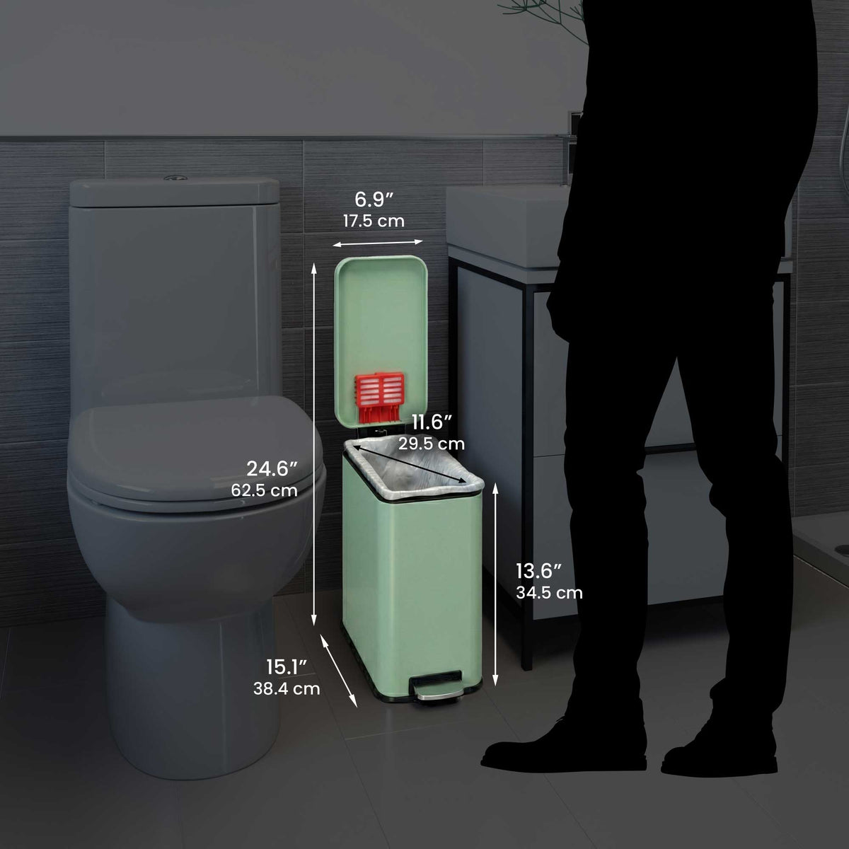 Size perspective image of the iTouchless PS03RGN trash can next to a silhouette of a person, displaying its full dimensions in inches and centimeters (13.6" height with lid open).