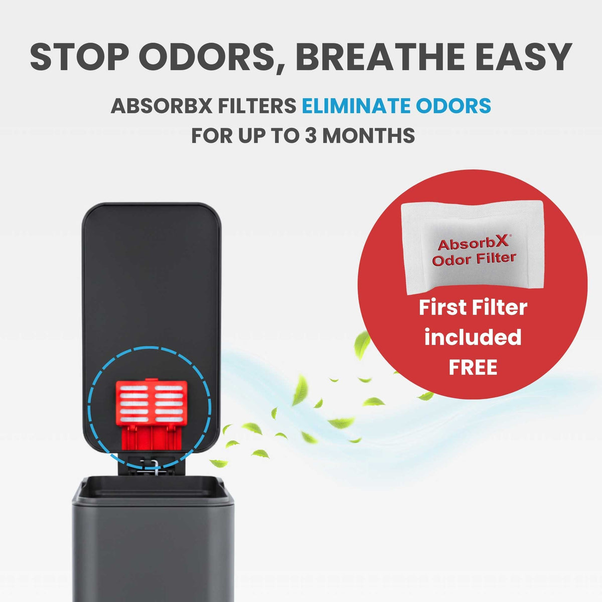Image illustrating the odor elimination feature of the iTouchless trash can, showing the AbsorbX odor filter in the lids that control smells for up to 3 months.