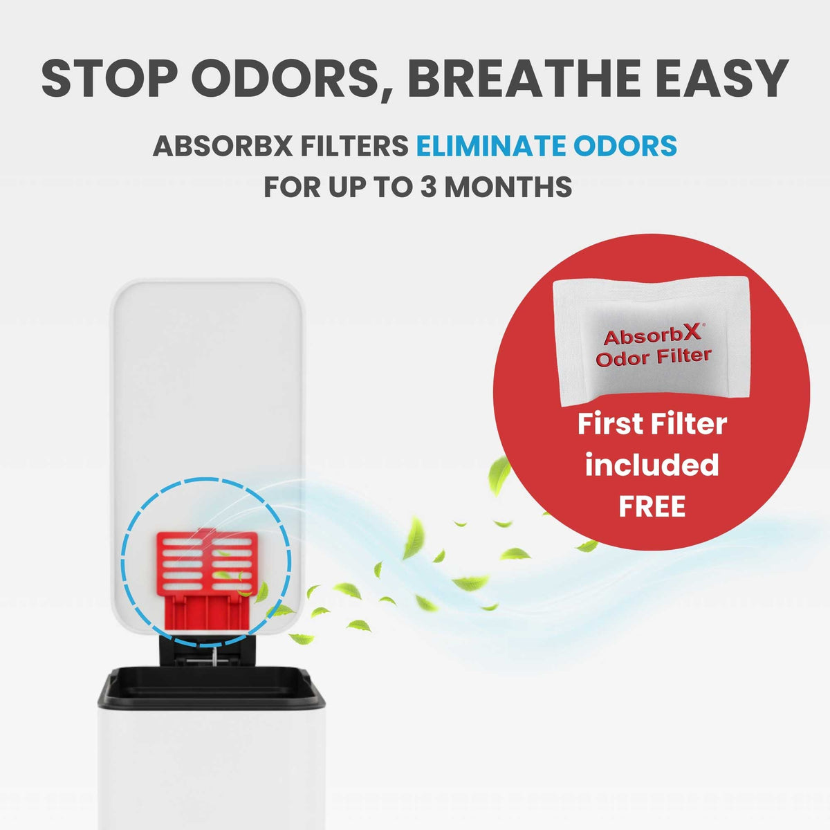 Image illustrating the odor elimination feature of the iTouchless trash can, showing the AbsorbX odor filter in the lids that control smells for up to 3 months.
