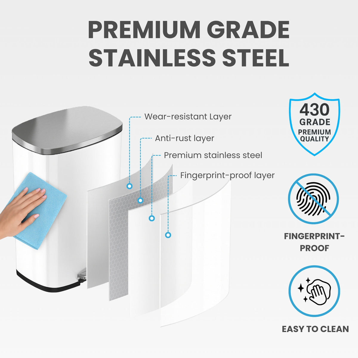 Premium 430-grade stainless steel layers on ivory white trash can showing anti-rust, fingerprint-proof finish.