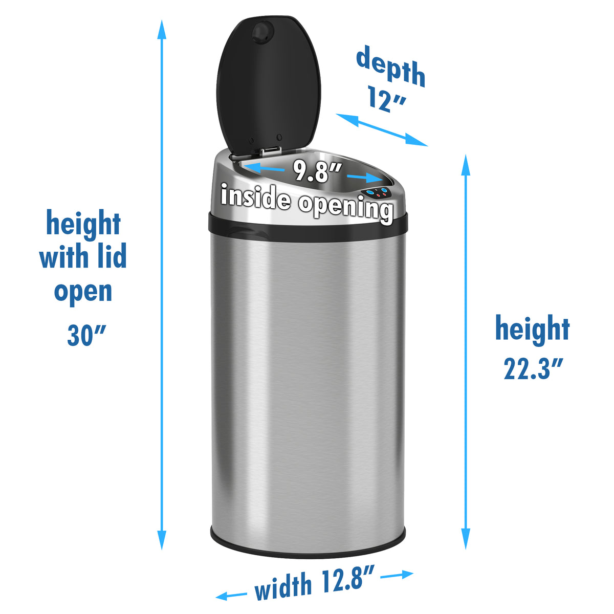 iTouchless 8 Gallon Stainless Steel Sensor Trash Can with Odor Filter dimensions