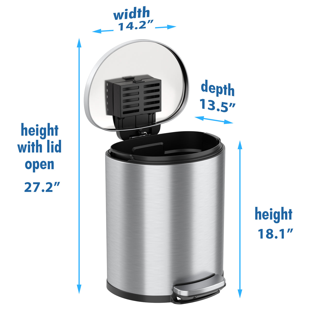 5 Gallon / 19 Liter SoftStep Semi-Round Step Pedal Trash Can dimensions