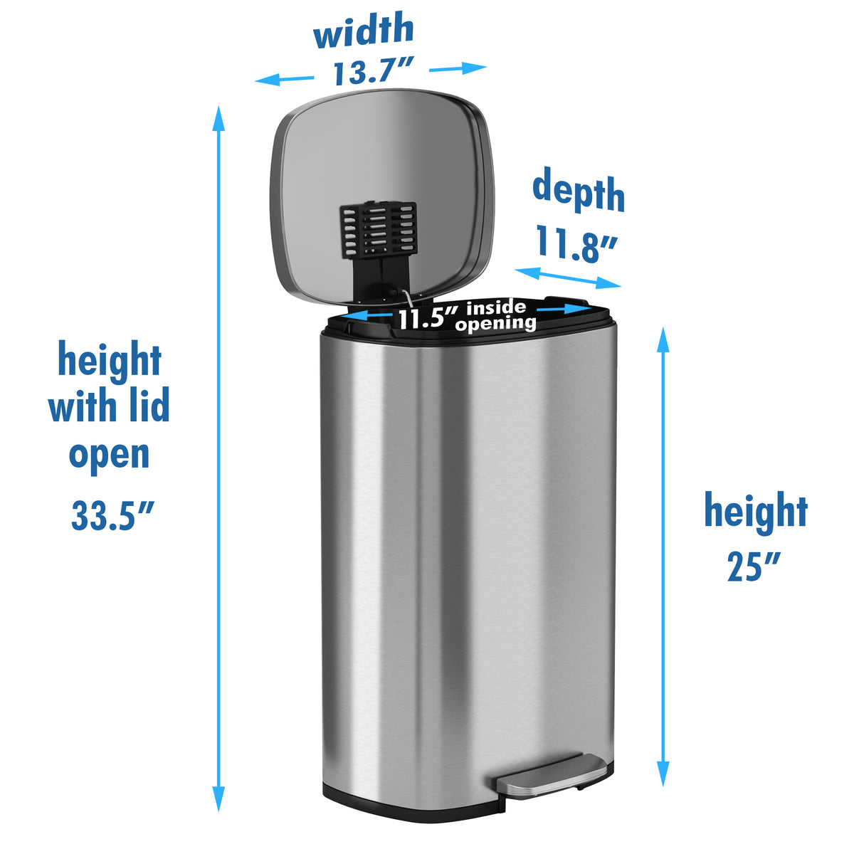 8 Gallon / 30 Liter SoftStep Step Pedal Trash Can dimensions