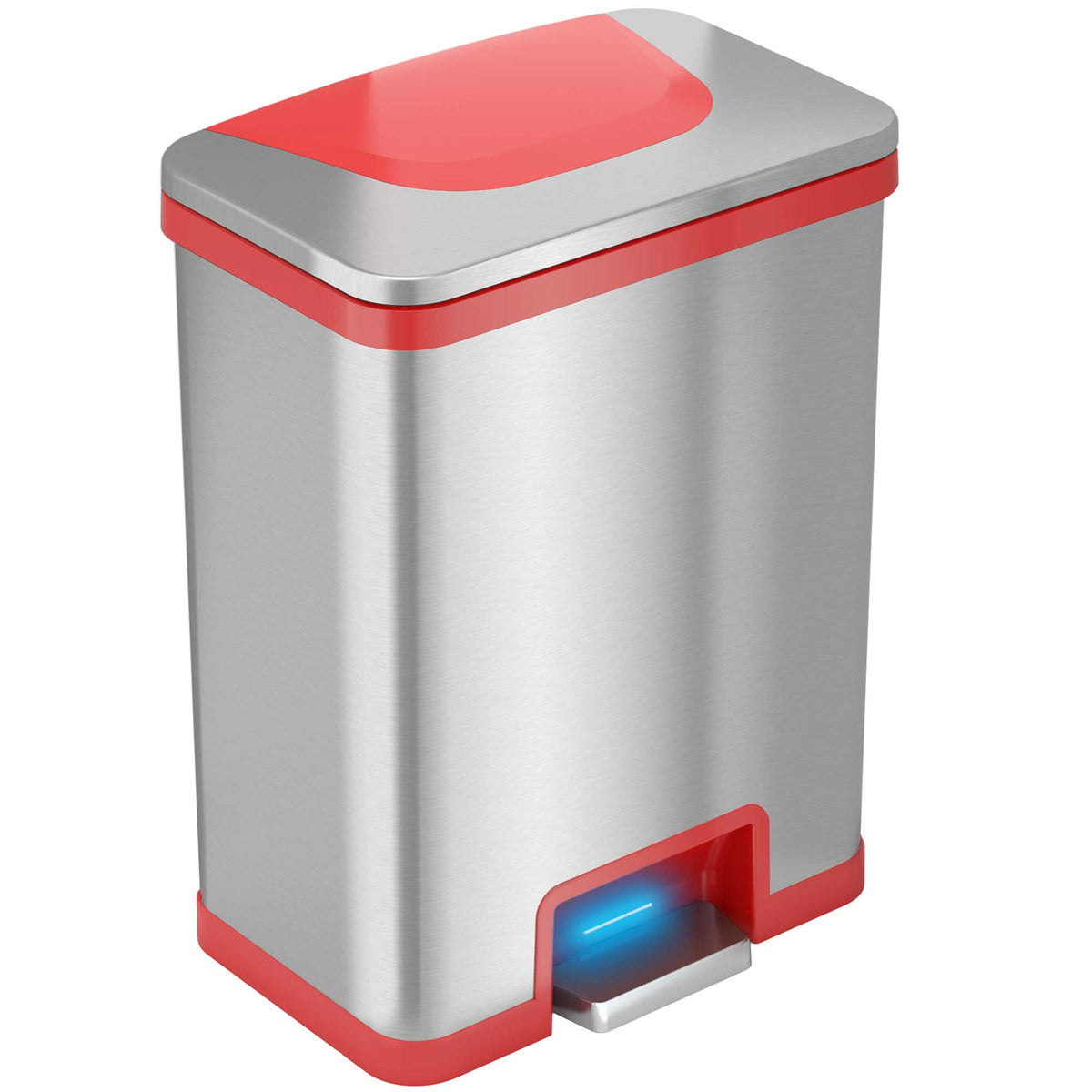 13 Gallon AutoStep Stainless Steel Pedal Sensor Trash Can (Red Trim) with Odor Filter