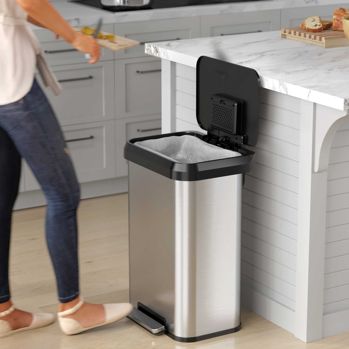 iTouchless 13.2 Gallon / 50 Liter SoftStep EXP Step Pedal Trash Can in kitchen