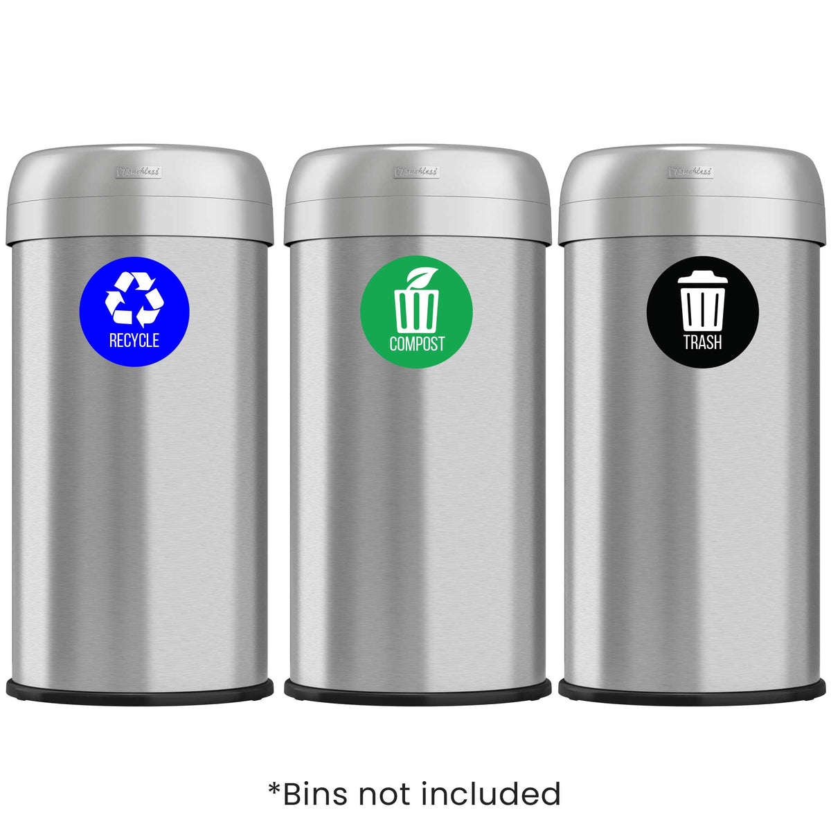 iTouchless Trash, Recycle, and Compost Vinyl Sticker Set. Bins not included.