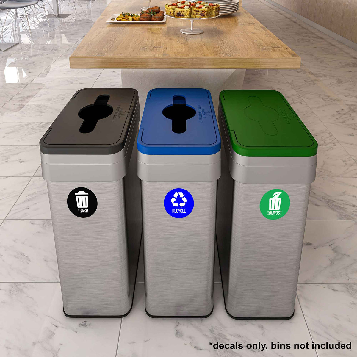 iTouchless Trash, Recycle, and Compost Vinyl Sticker Set. Decals only, bins not included.